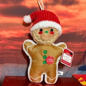 Holiday Time Gingerbread Dog Toy with Red Santa Hat